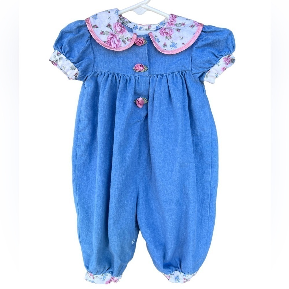 VTG Jo Lene Cottagecore Chambray Bubble Romper 12 Mo Shabby Chic Cottage USA GUC